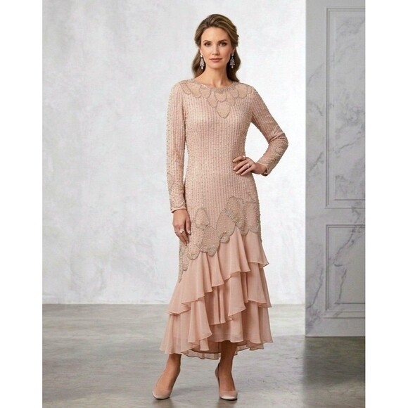 Jack Bryan Dresses & Skirts - NWT Jack Bryan Beaded Chiffon Dress Size 14 Blush Pink Formal Evening Gown